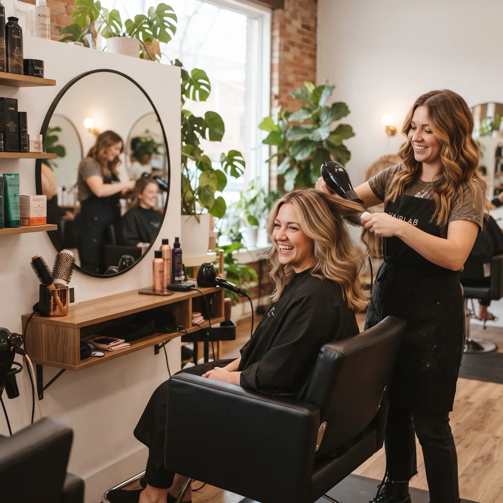 Coiffeuse effectuant un brushing en salon